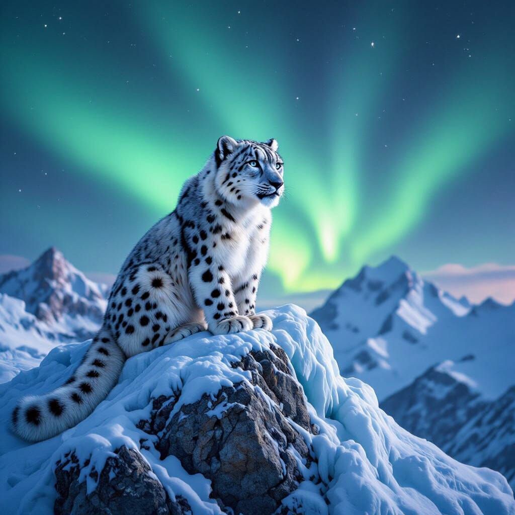 Hyperrealistic Snow Leopard Under Aurora Borealis