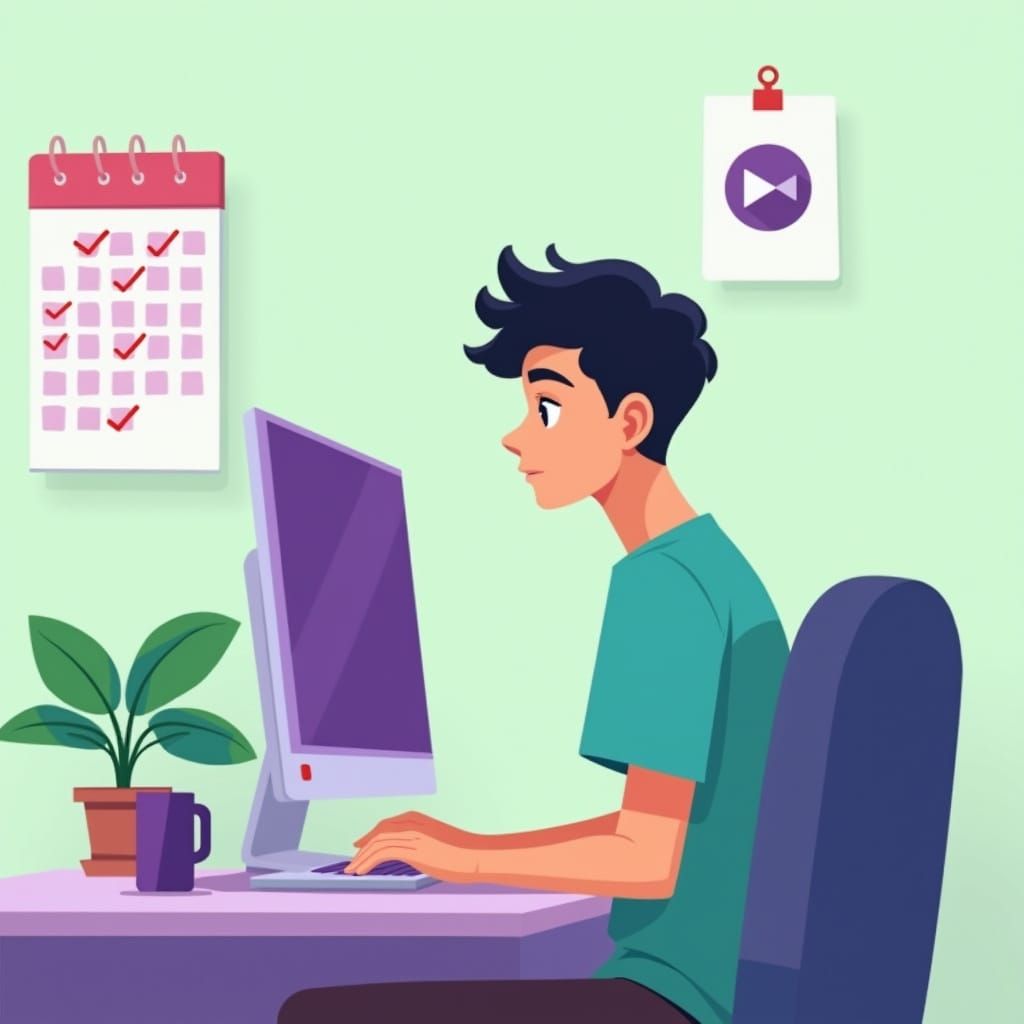 Young Man Focuses on Purple Computer Screen in Soothing Work...