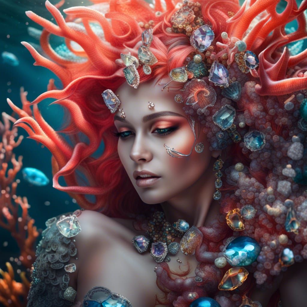 Evil Mermaid Lures Sailors with Gems on Coral Reef