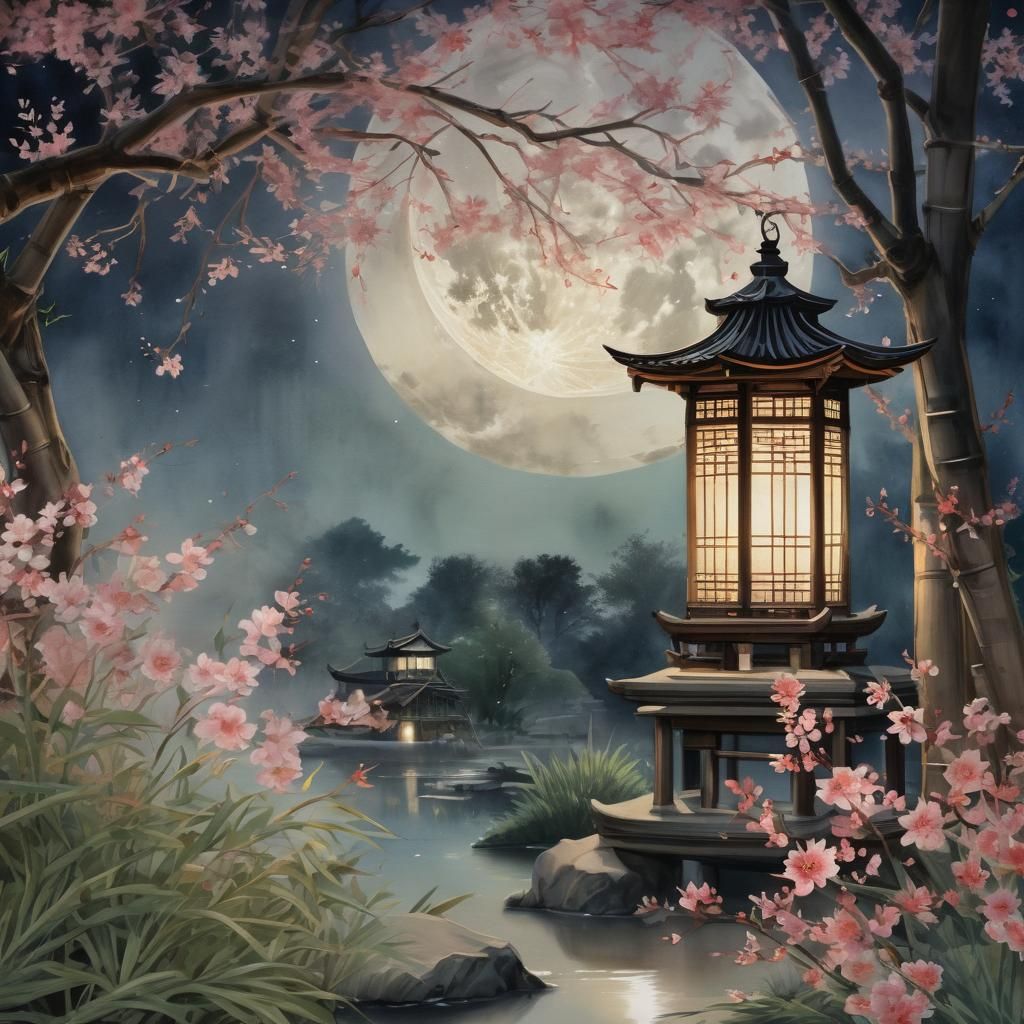 Asian Garden at Night in Watercolor Style