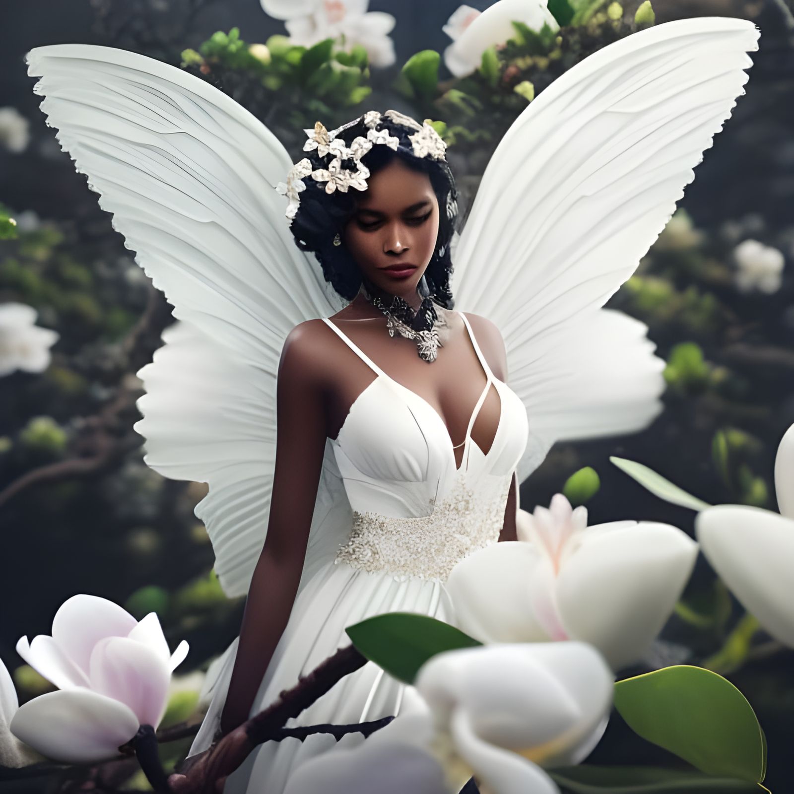 Winged Magnolia Flower Fairy in Digital Painting