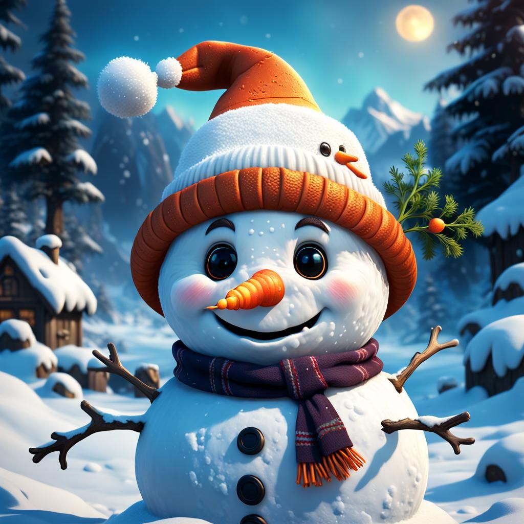 Cute Snowman with Carrot Nose in Detailed Digital Art