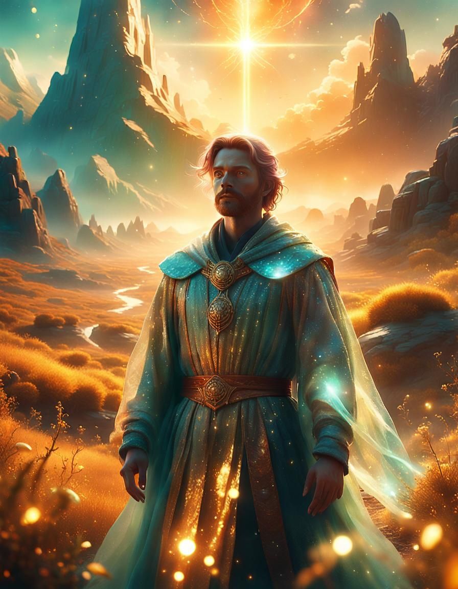 Mystical Being in Dreamlike Landscape at Golden Hour