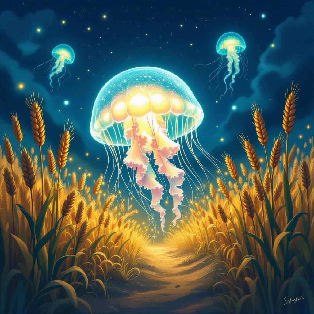 Bioluminescent Jellyfish Drifting Through Alien Wheat