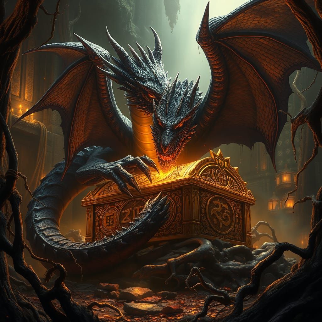 Terrifying Dragon Guarding Ancient Treasure Hoard
