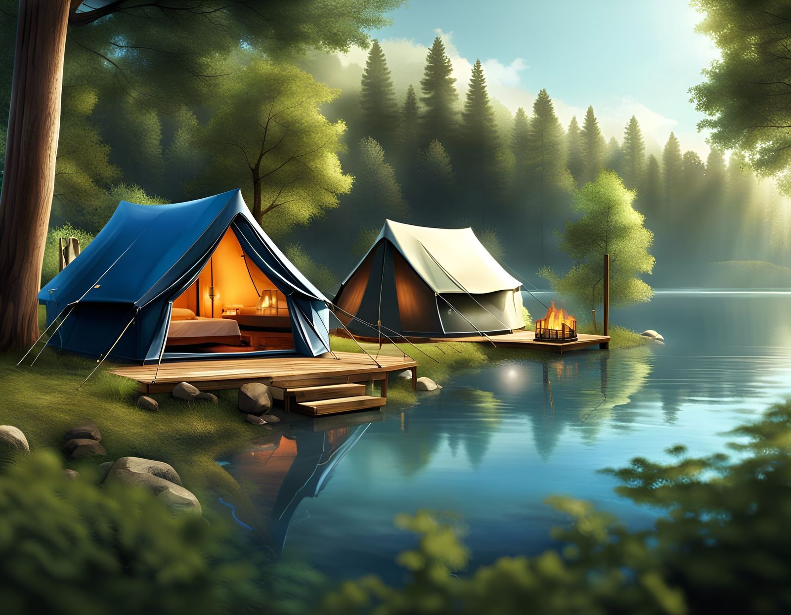 Serene Lakeside Glamping: A Hyper-Realistic Digital Paradise