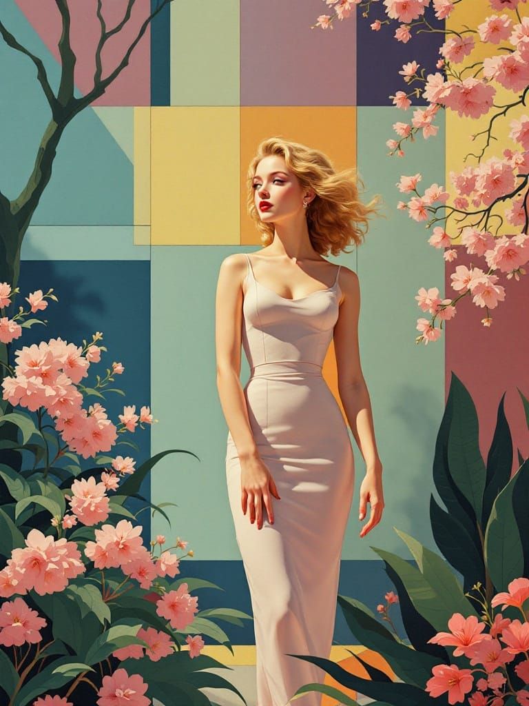 Surreal Geometric Pin-Up in Paradise Garden