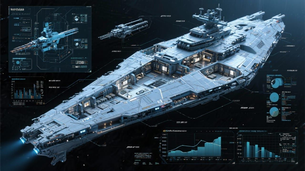 3D Space Battle Cruiser Technical Diagram with Capability Ch...