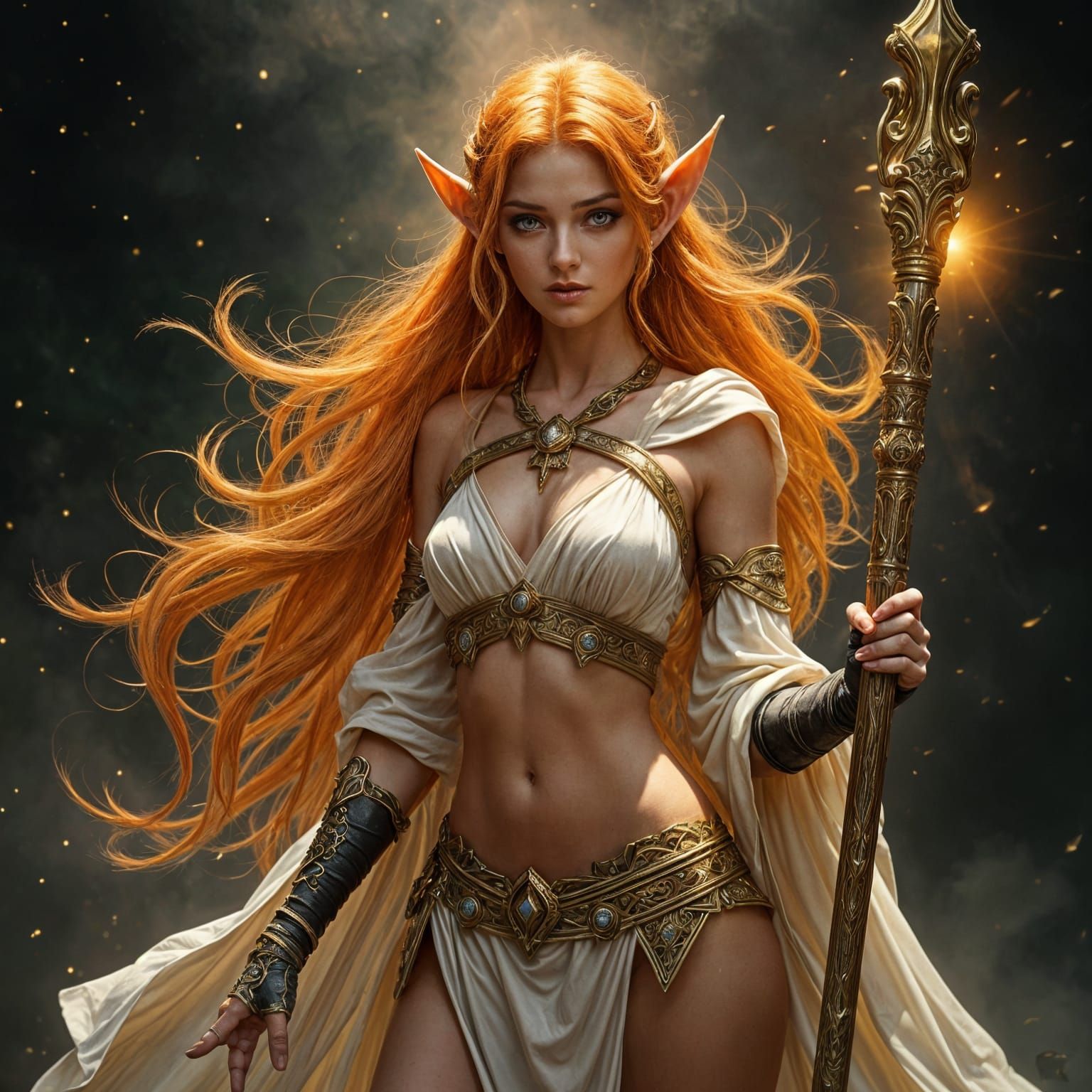 Beautiful Elf Princess Spellcaster with Golden Staff