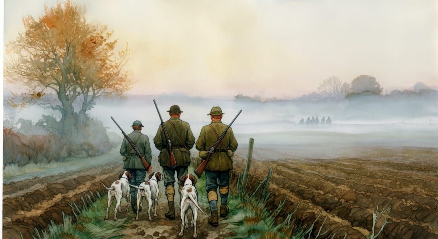 Hunters in a Foggy November Morning Landscape