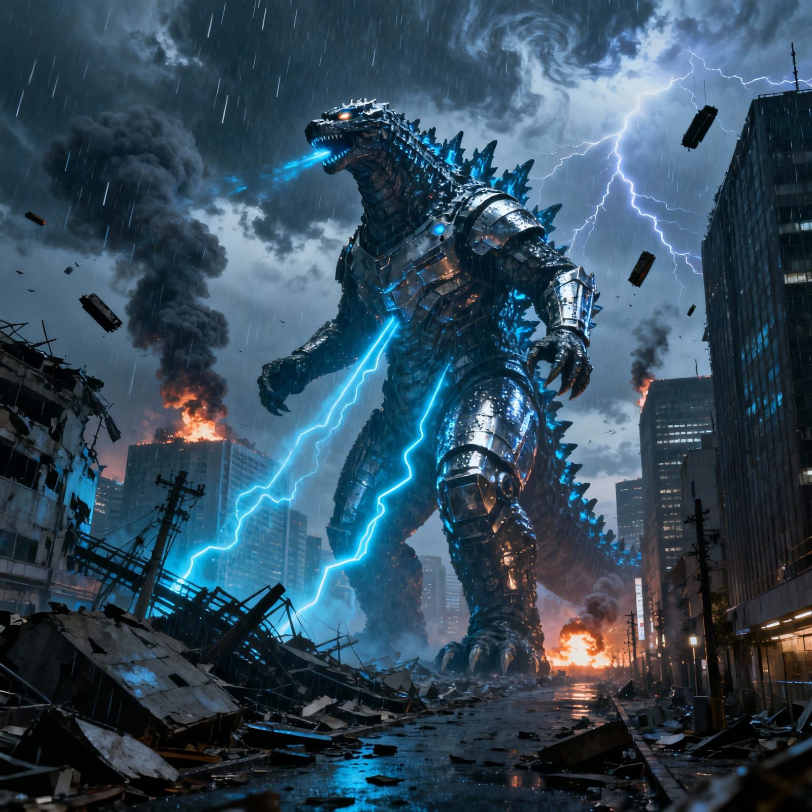 MechaGodzilla Attacks Tokyo in Stormy Tokusatsu Style