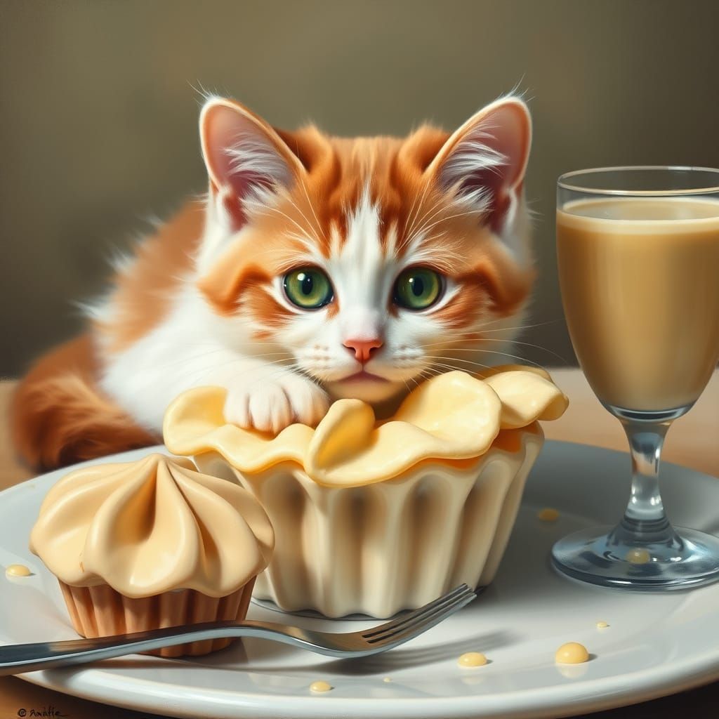 Surreal Oil Painting of Curious Cat Examining Crepes with Wh...