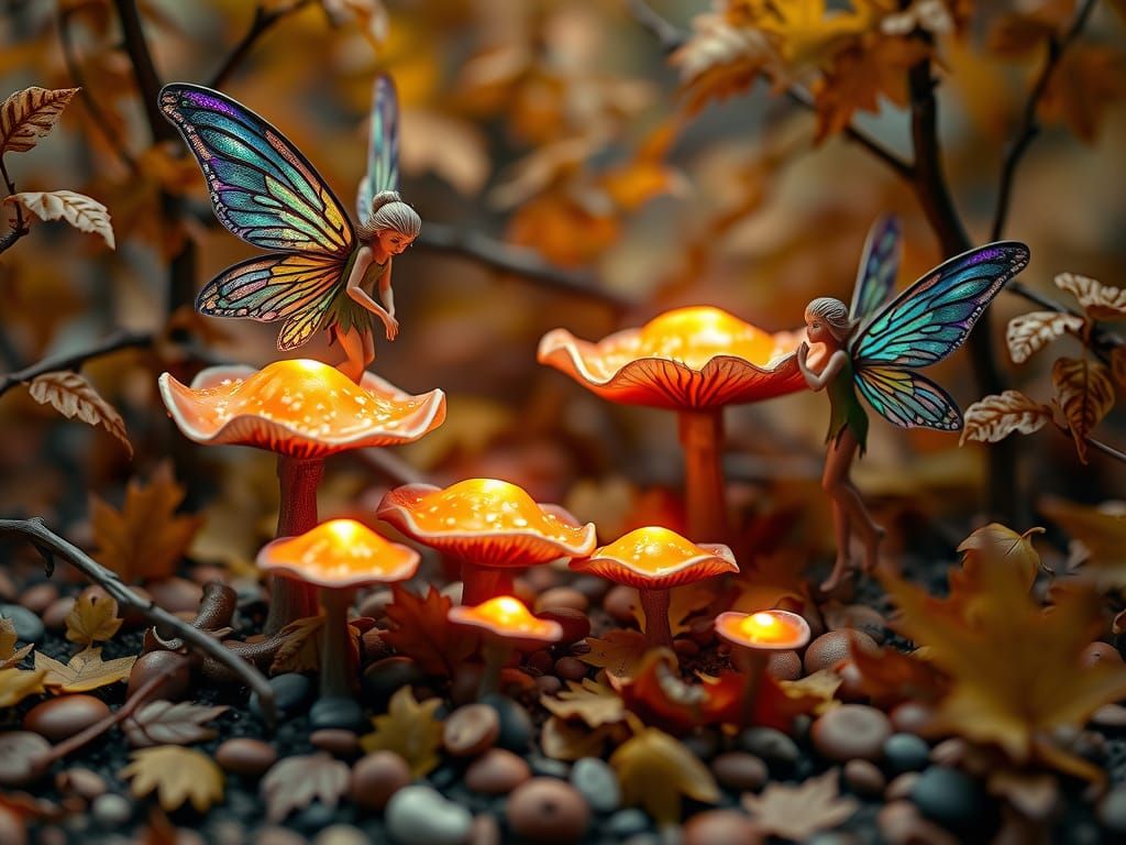 Autumn Fairies Harvesting Glowing Mushrooms in Diorama