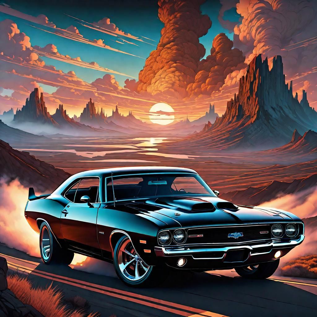 Muscle Car Power Slide in Art Nouveau Style