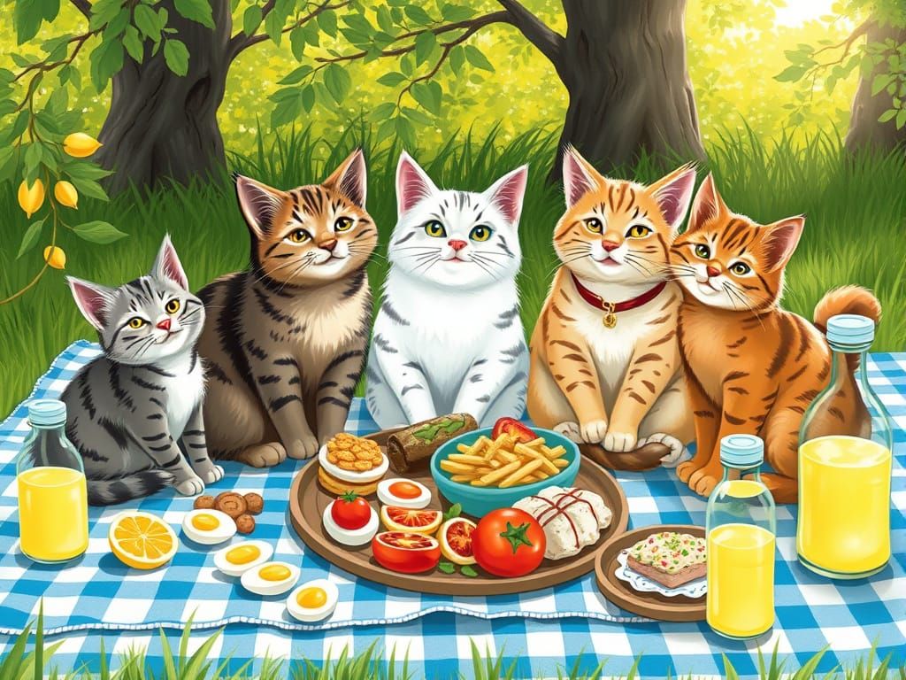 Whimsical Feline Family Picnic in a Lush Green Setting
