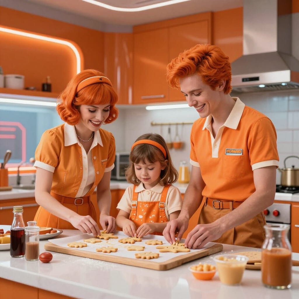 Retro Futuristic Family Baking Cookies in Neon Kitchen