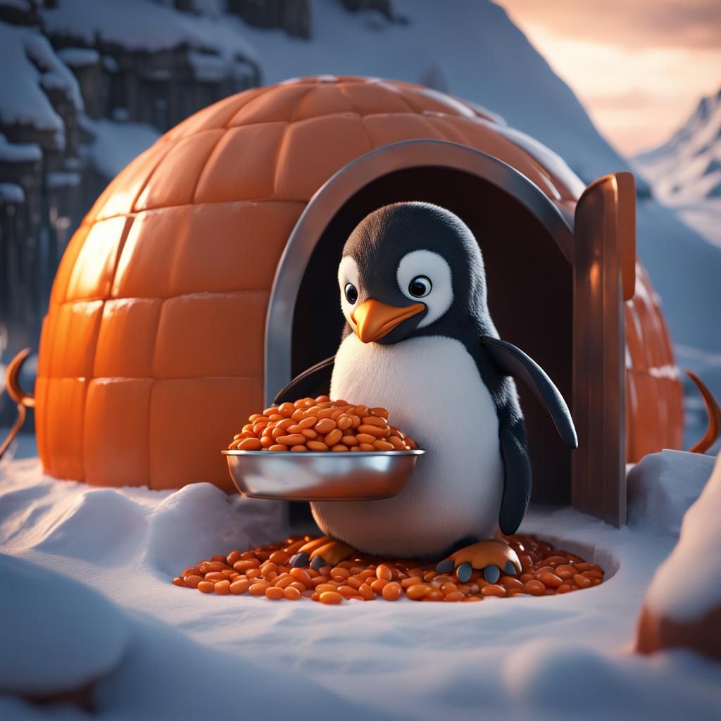 Orange Penguin's Baked Bean Feast: Digital Painting