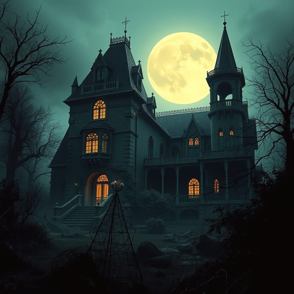 Spooky Gothic Mansion Under a Full Moon