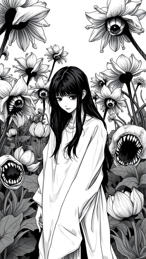Surreal Horror Garden Inspired by Junji Ito and Giger
