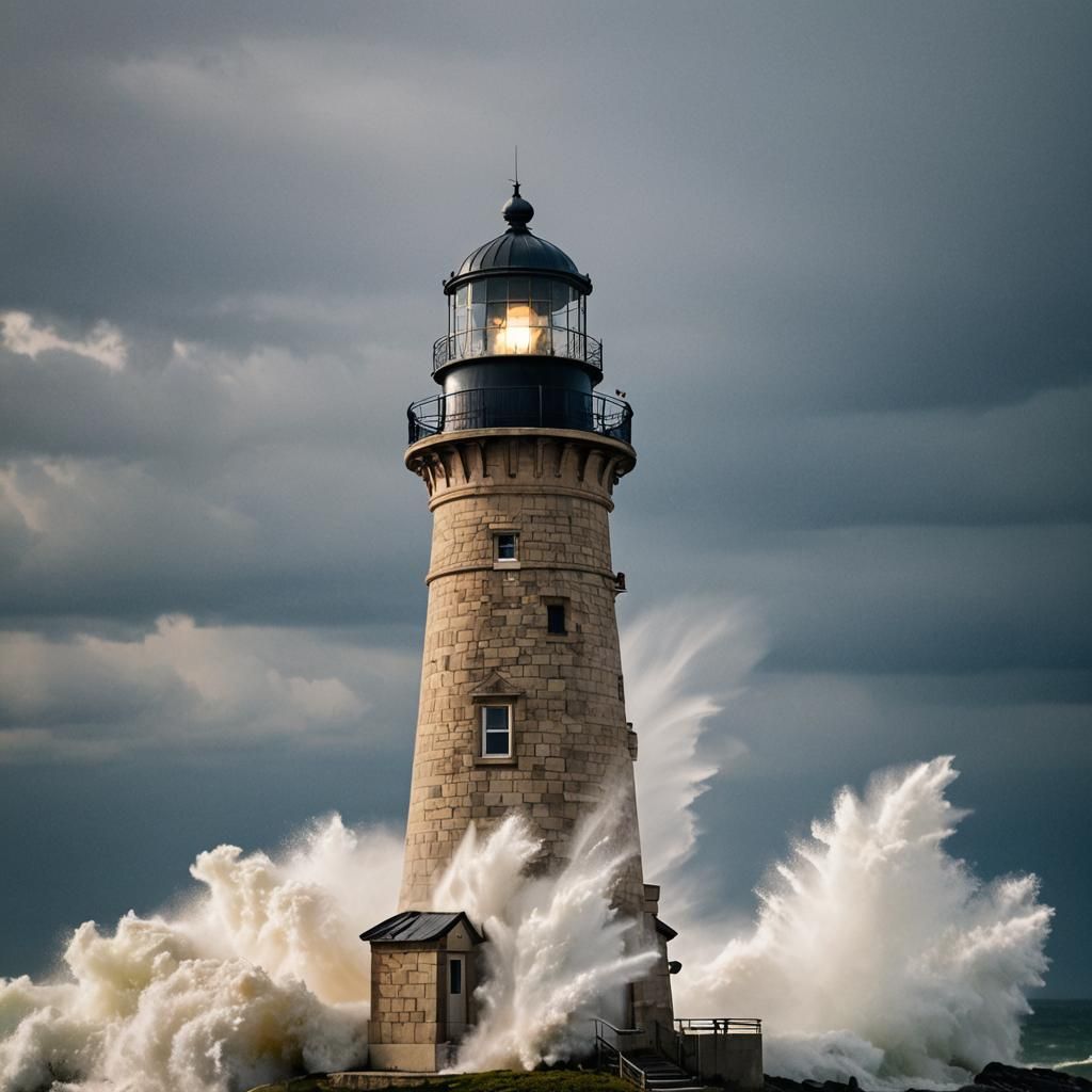 Lighthouse in Storm with Lightning Strikes