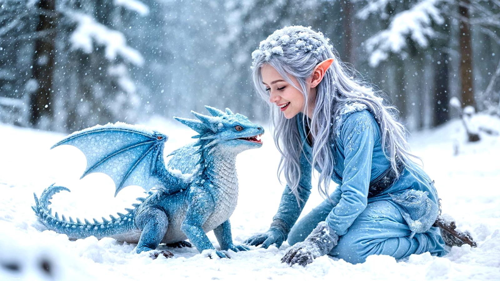 Frost Elf and Dragonet in Snowy Forest