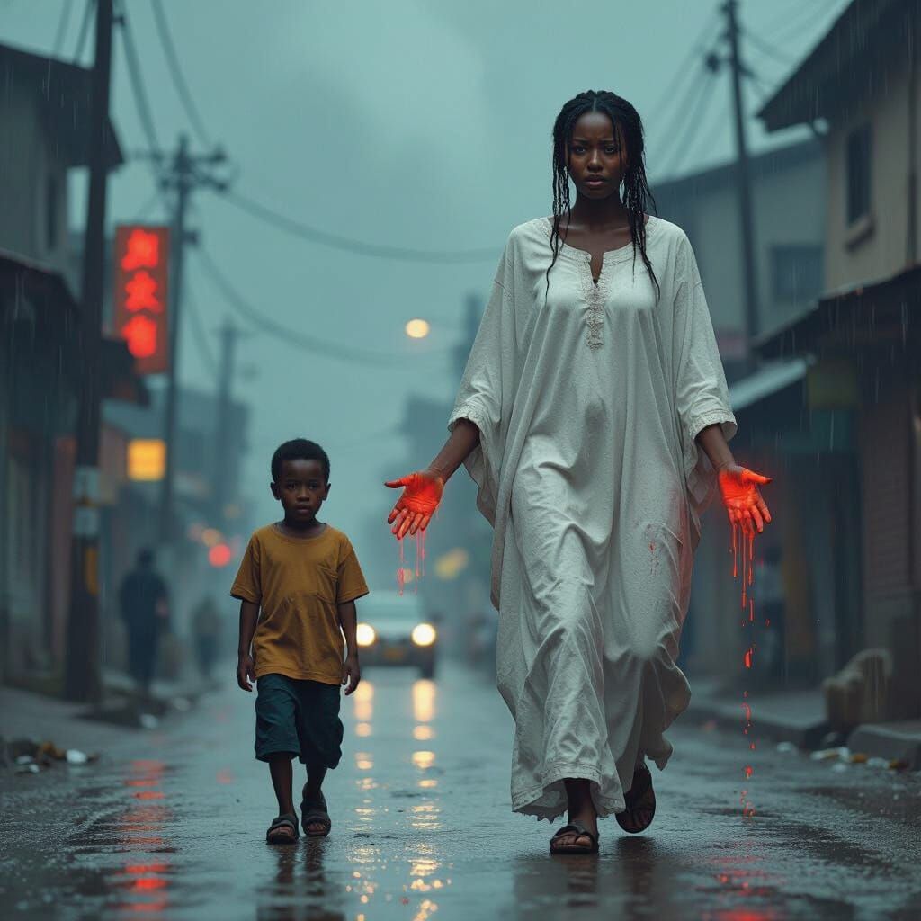 Sorrowful Woman Walks Behind Boy in Stormy Street