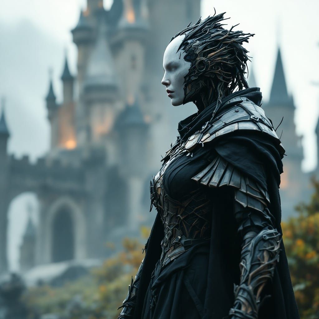 Surreal Metal and Wood Warrior in Dark Castle Background