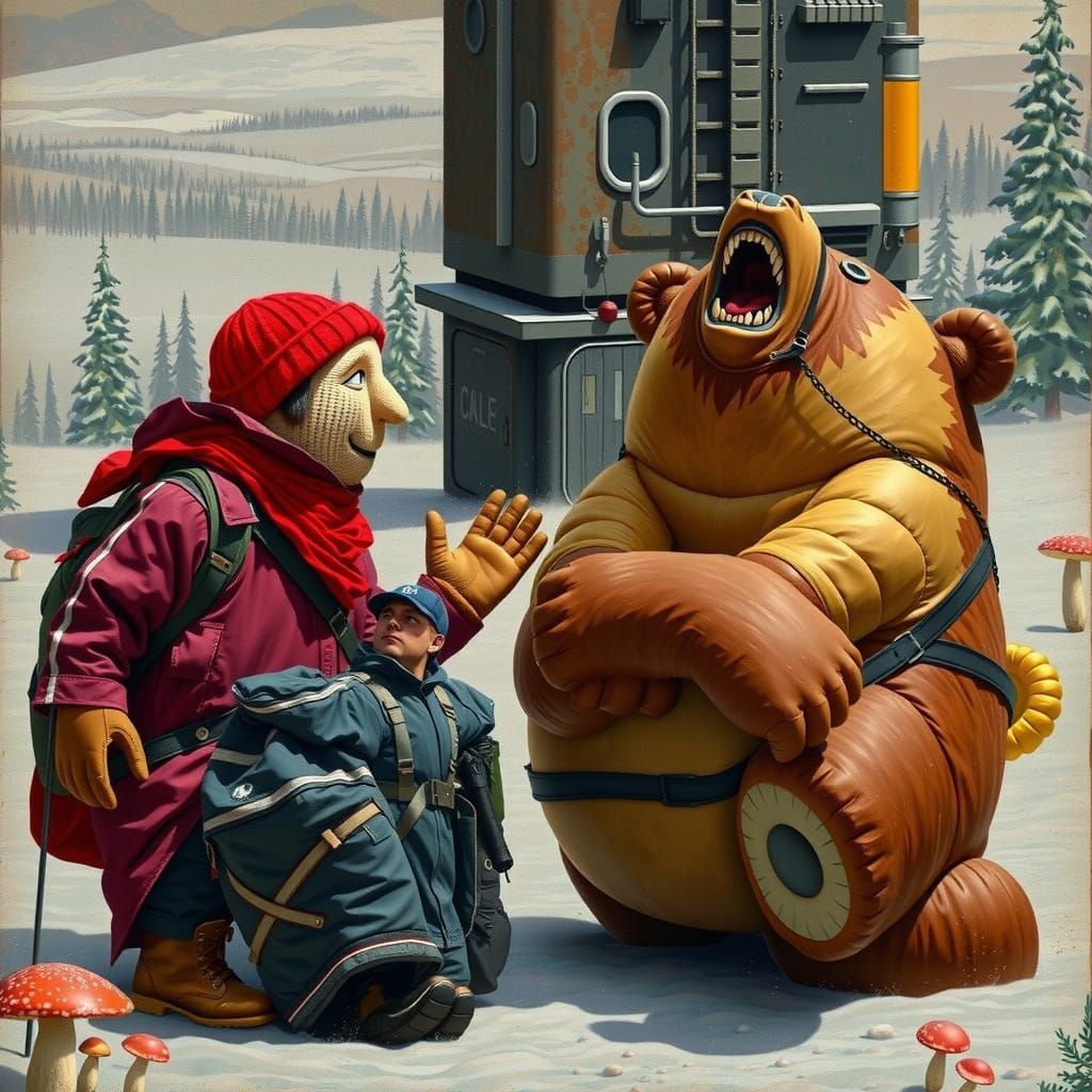 Giant Vinyl Figure Confronts Grizzly in Snowy Landscape
