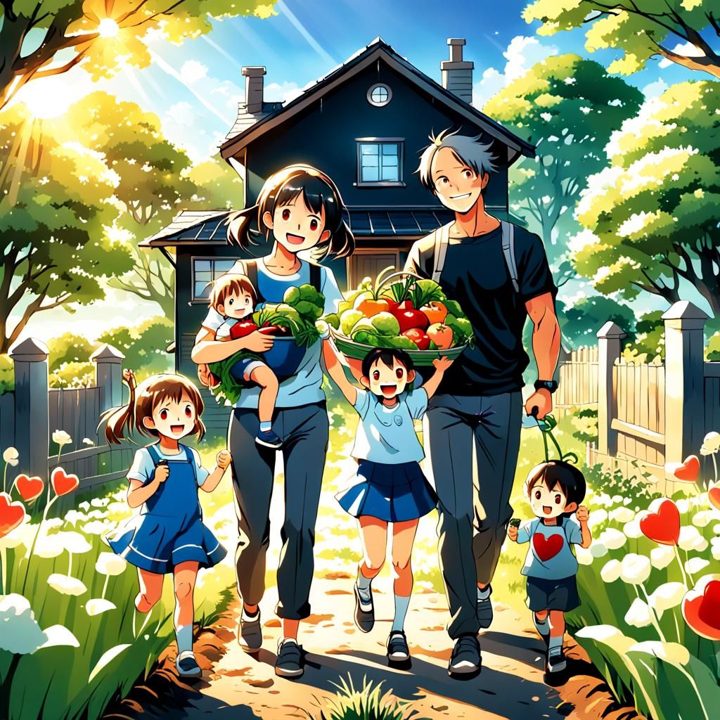 Happy Family Gardening in Anime Style
