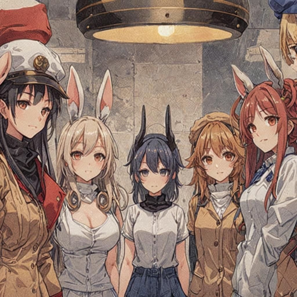 5 anime demi-human girls around something.