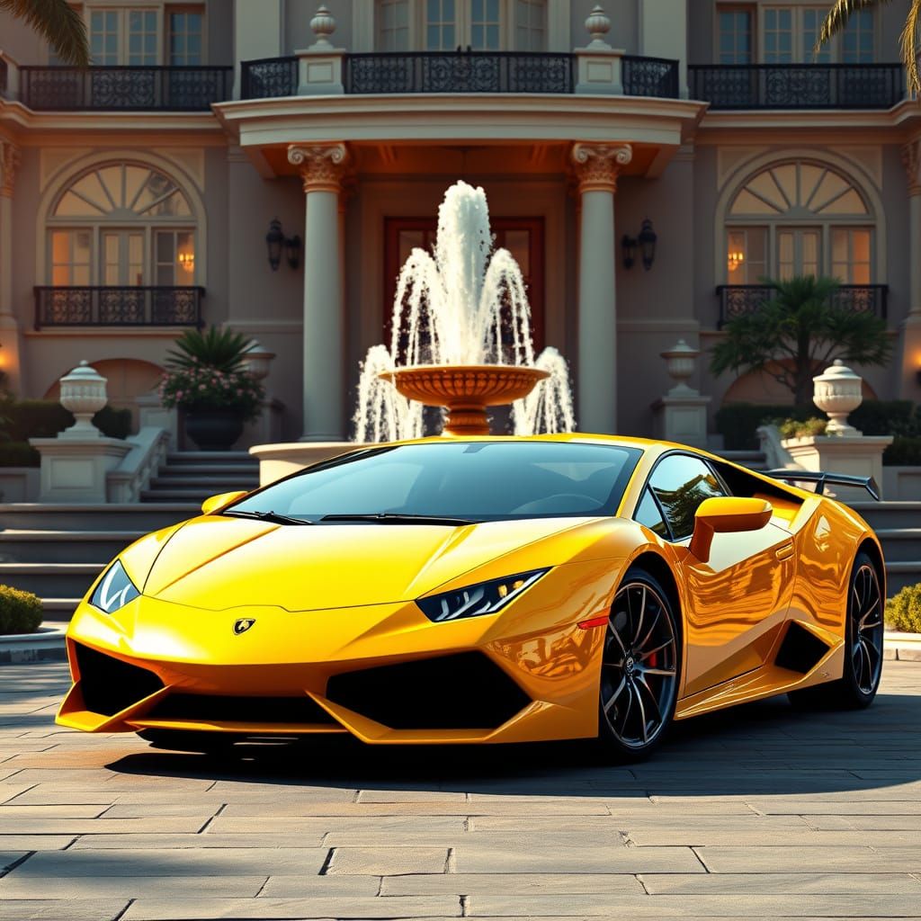 Yellow Lamborghini at Luxurious Mansion Entrance