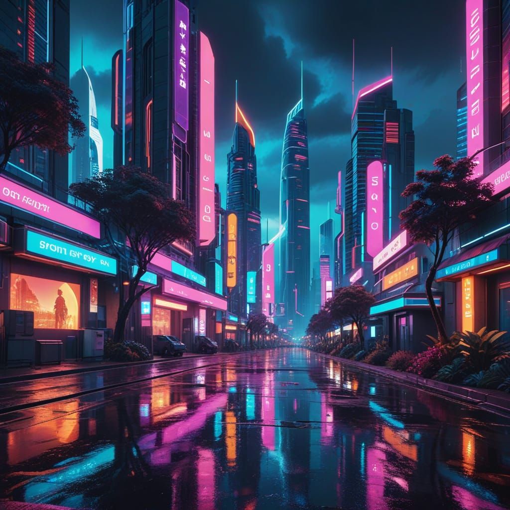 Retro-Futuristic Cityscape with Neon Lights and Lush Flora
