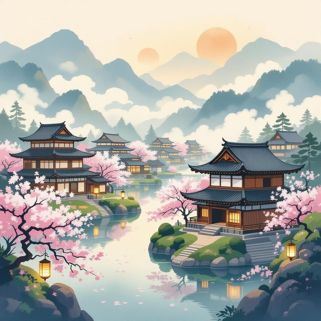 Ancient Japanese Village on Floating Islands in Cloud Sea