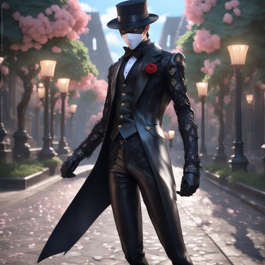 Tuxedo Mask in skin-tight black leather lace suit