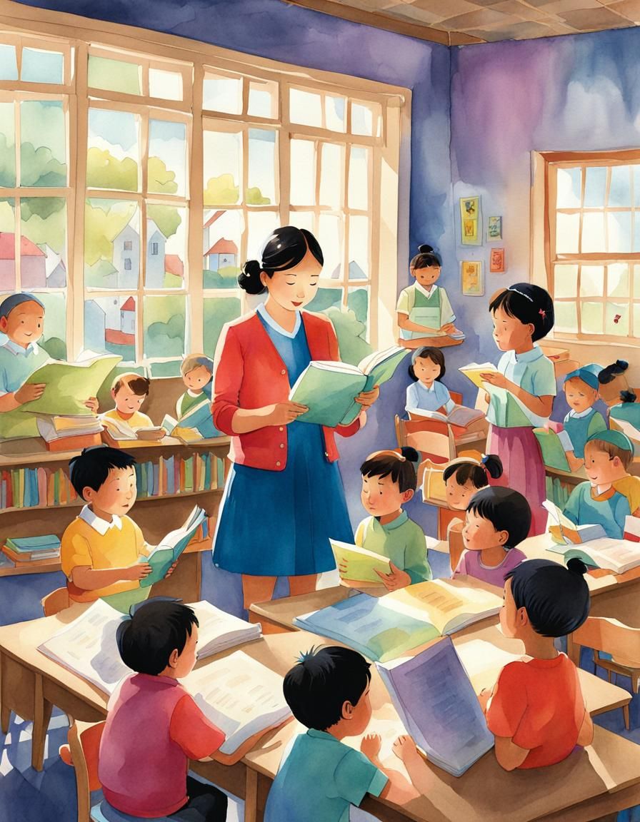 Teacher Reading to Children: Whimsical Watercolor Illustrati...