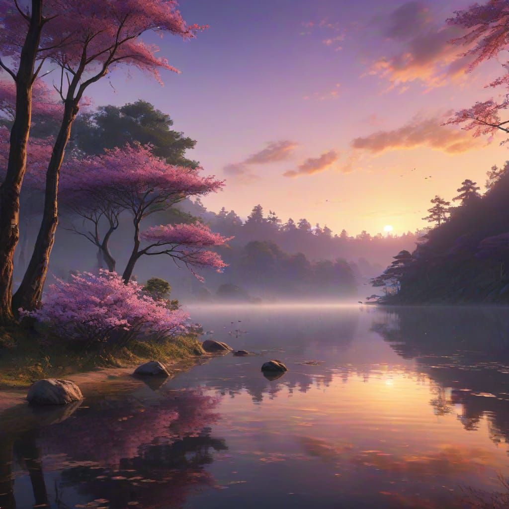 Sunrise Lake with Purple Blossoms in Anime Style