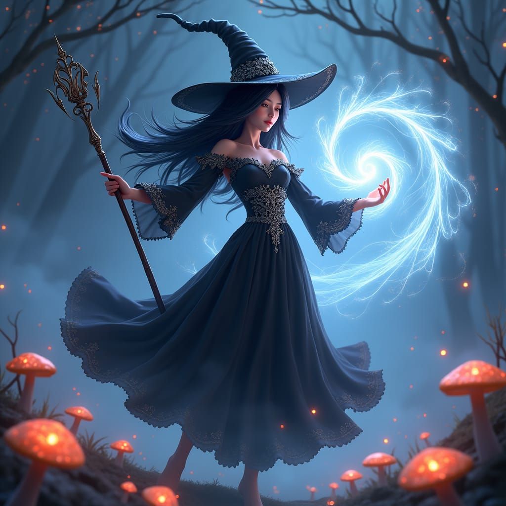 Mystical Witch Dances in Starlight: Anime-Inspired 3D Art