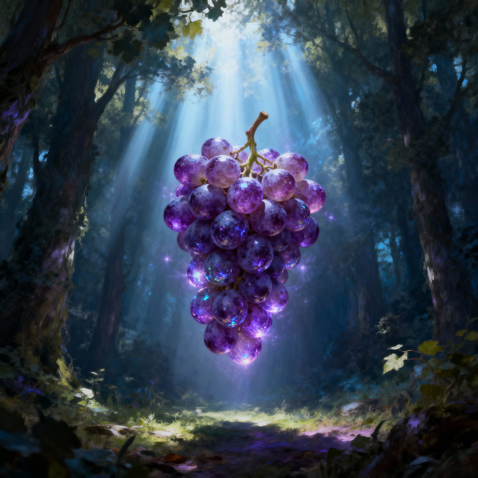 Magical Grapes Hovering in Enchanted Forest Clearing