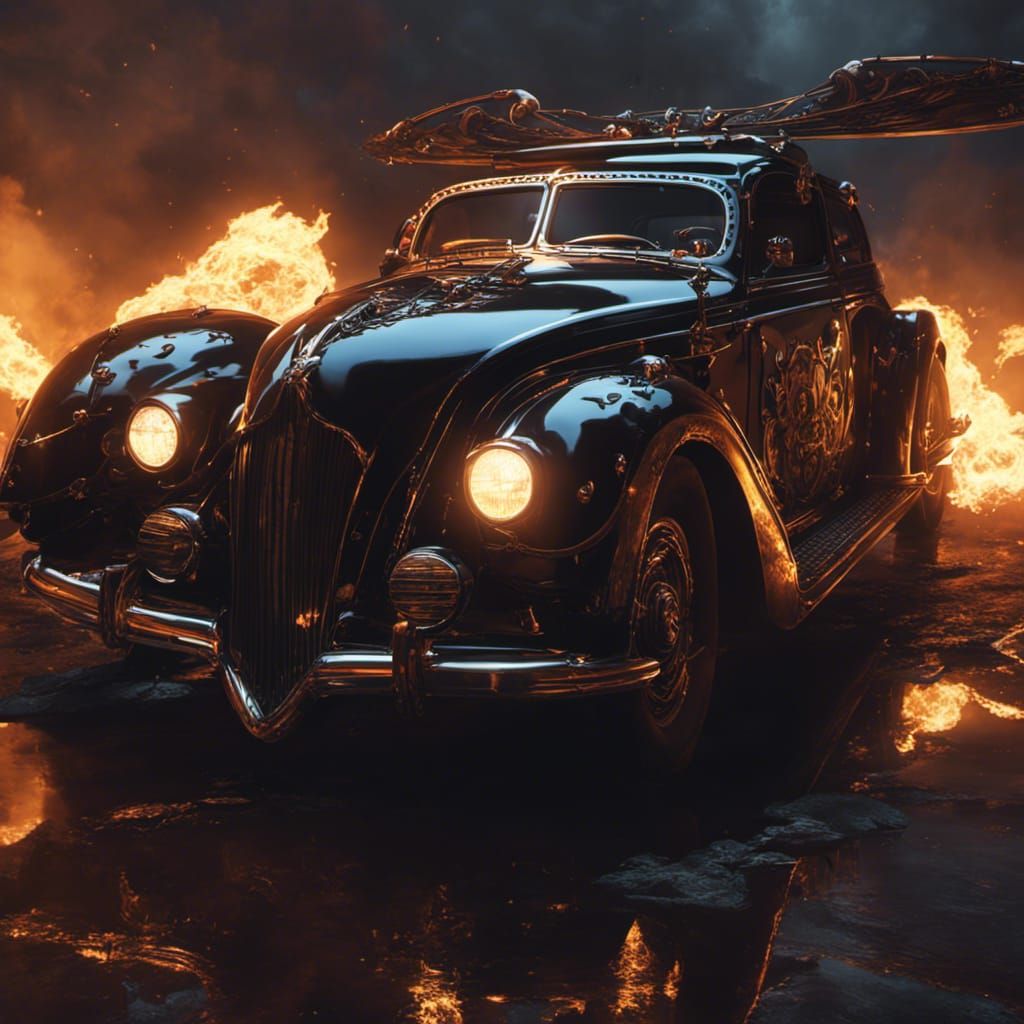 Flying Gothic Car with Flaming Skull in Dark Fantasy