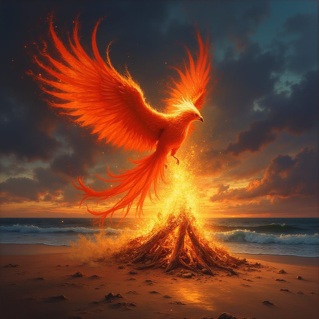 Phoenix Rises From Beach Bonfire at Sunset
