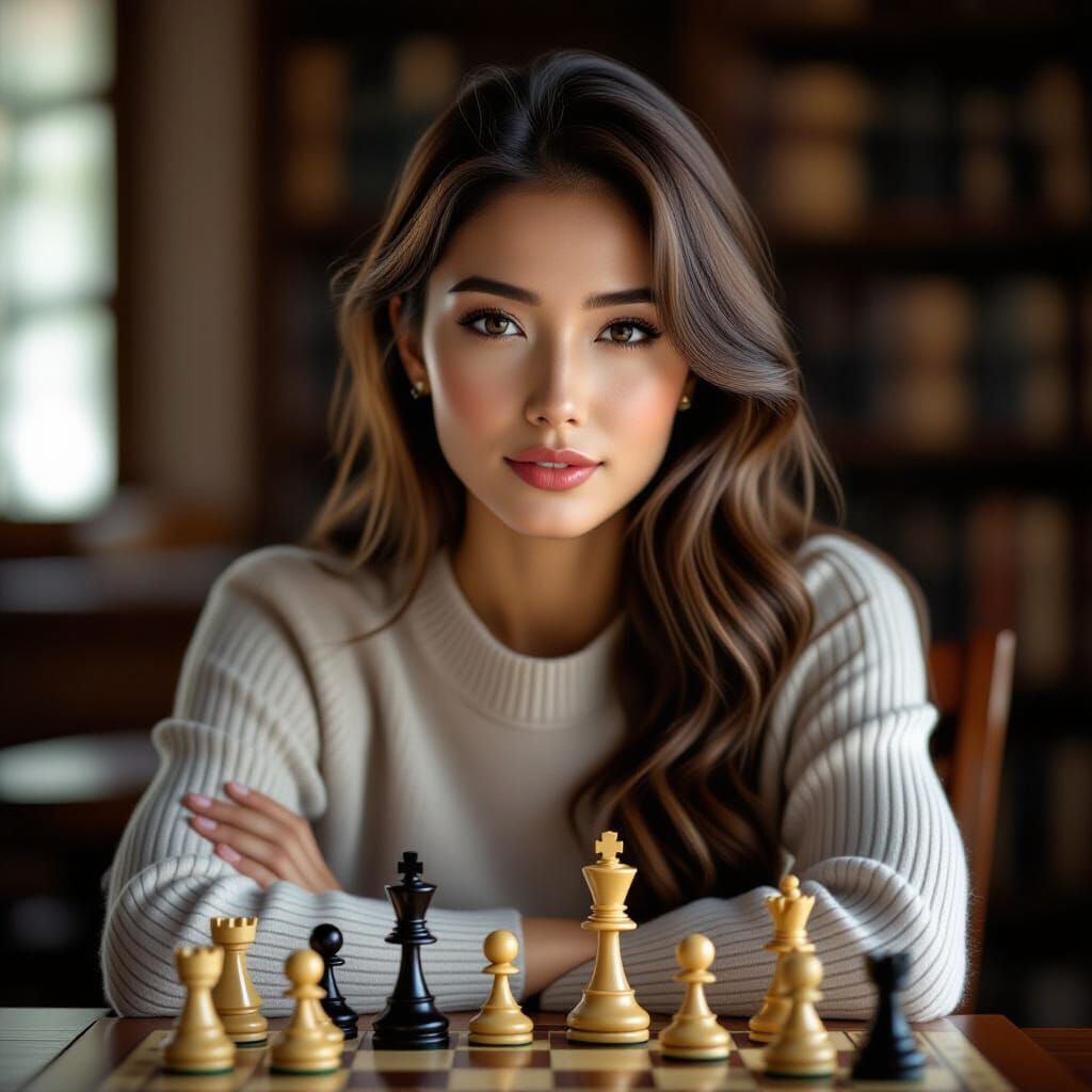 8K Realistic Portrait of a Confident Female Chess Player