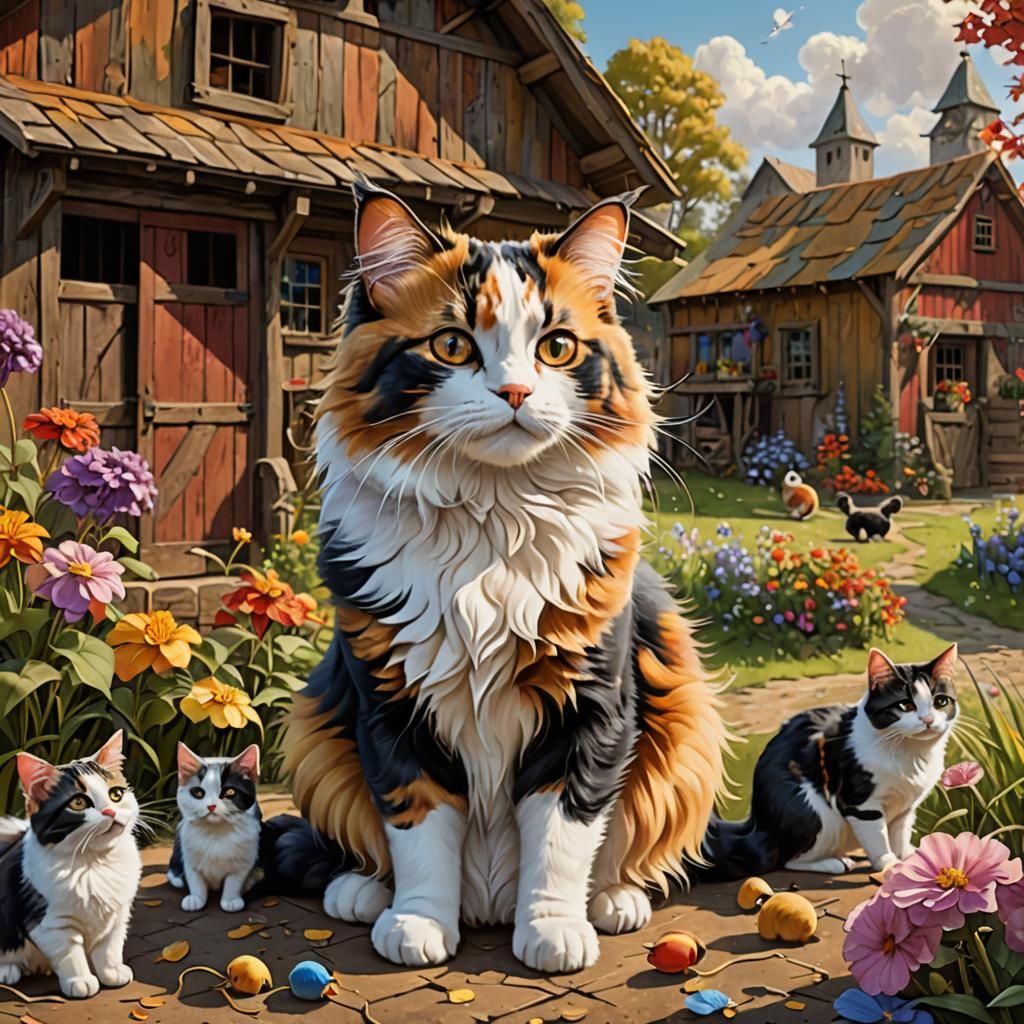 Calico Cat Gathering Mice: Fantasy Concept Art
