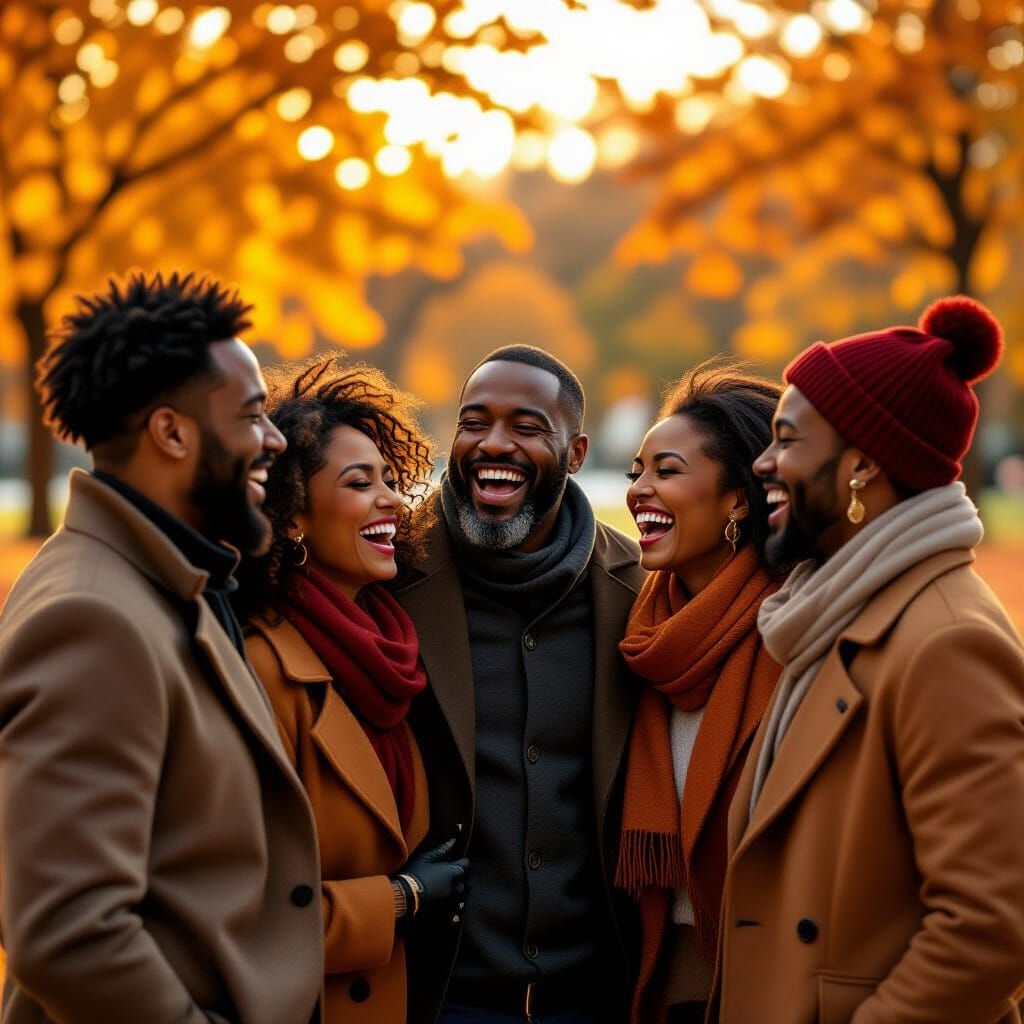 Black Adults Laughing on Autumn Day in Urban Park