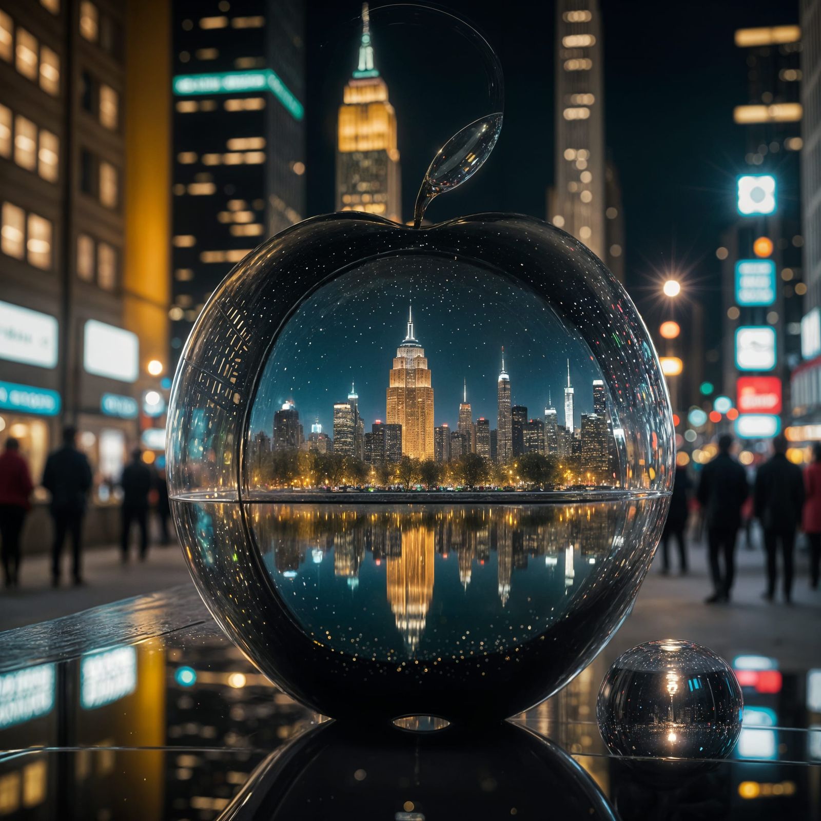 Glass Apple Sculpture Reflecting Cityscape at Night