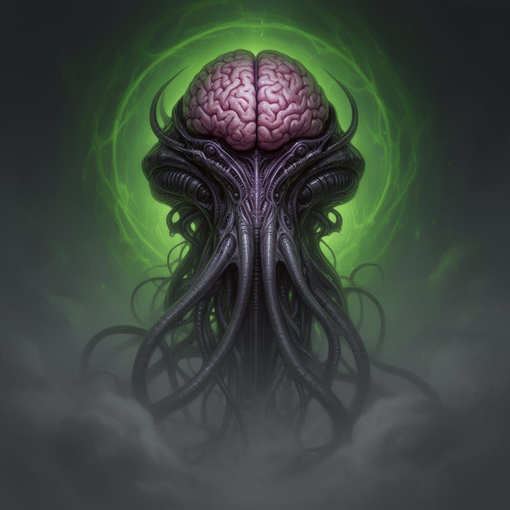 Grotesque Brain Creature in Misty Glow