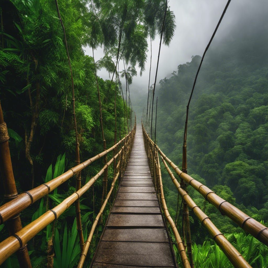 Lush Indonesian Landscape with Bamboo Bridge in 8k