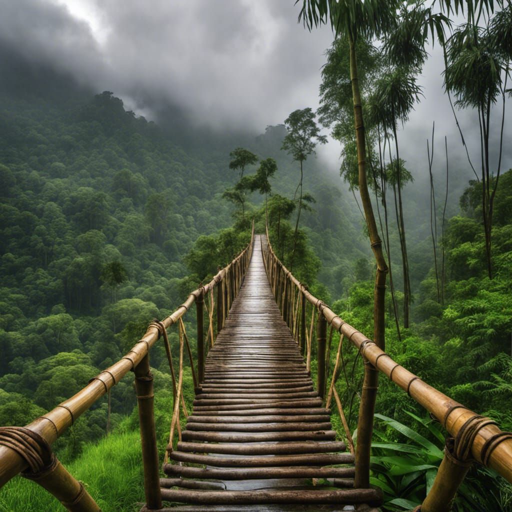 Lush Indonesian Forest With Bamboo Bridge in Rain