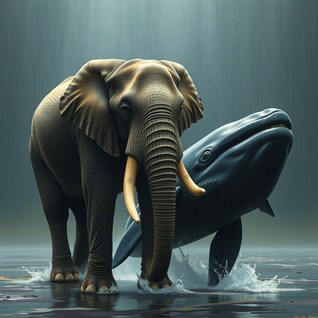 Elephant and Whale in Rainy Summer, Hyperrealistic Portrait
