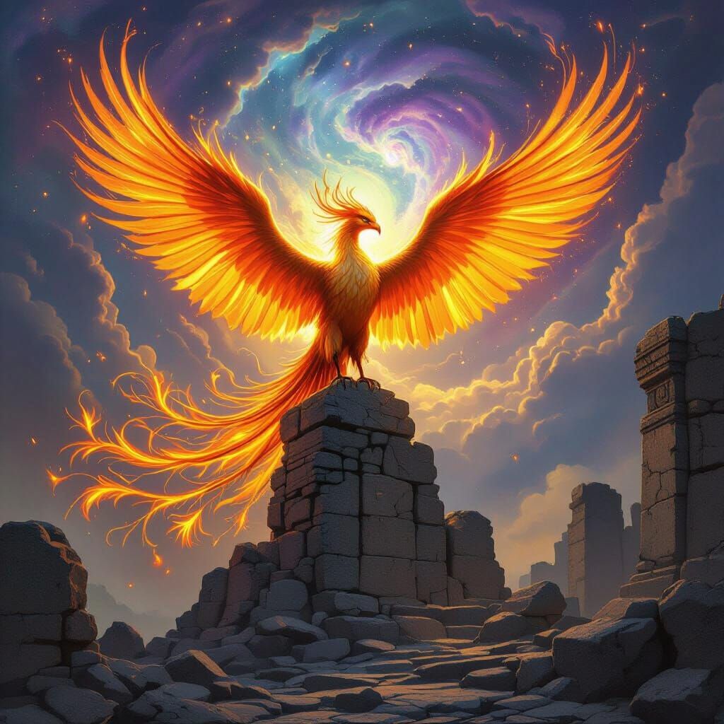 Majestic Phoenix Ablaze Atop Ancient Ruins