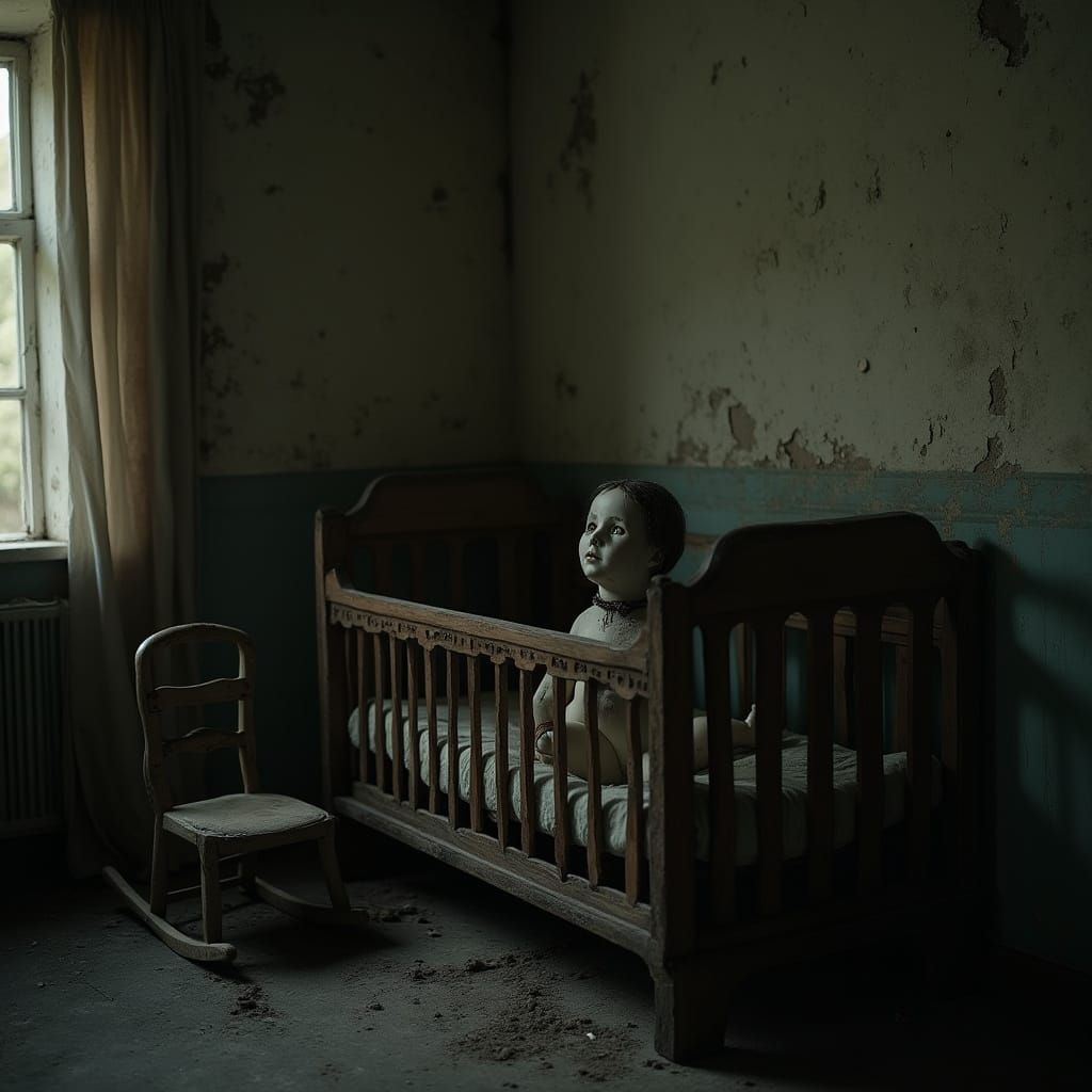 Haunting Nursery Scene in Moody, Victorian-Inspired Style